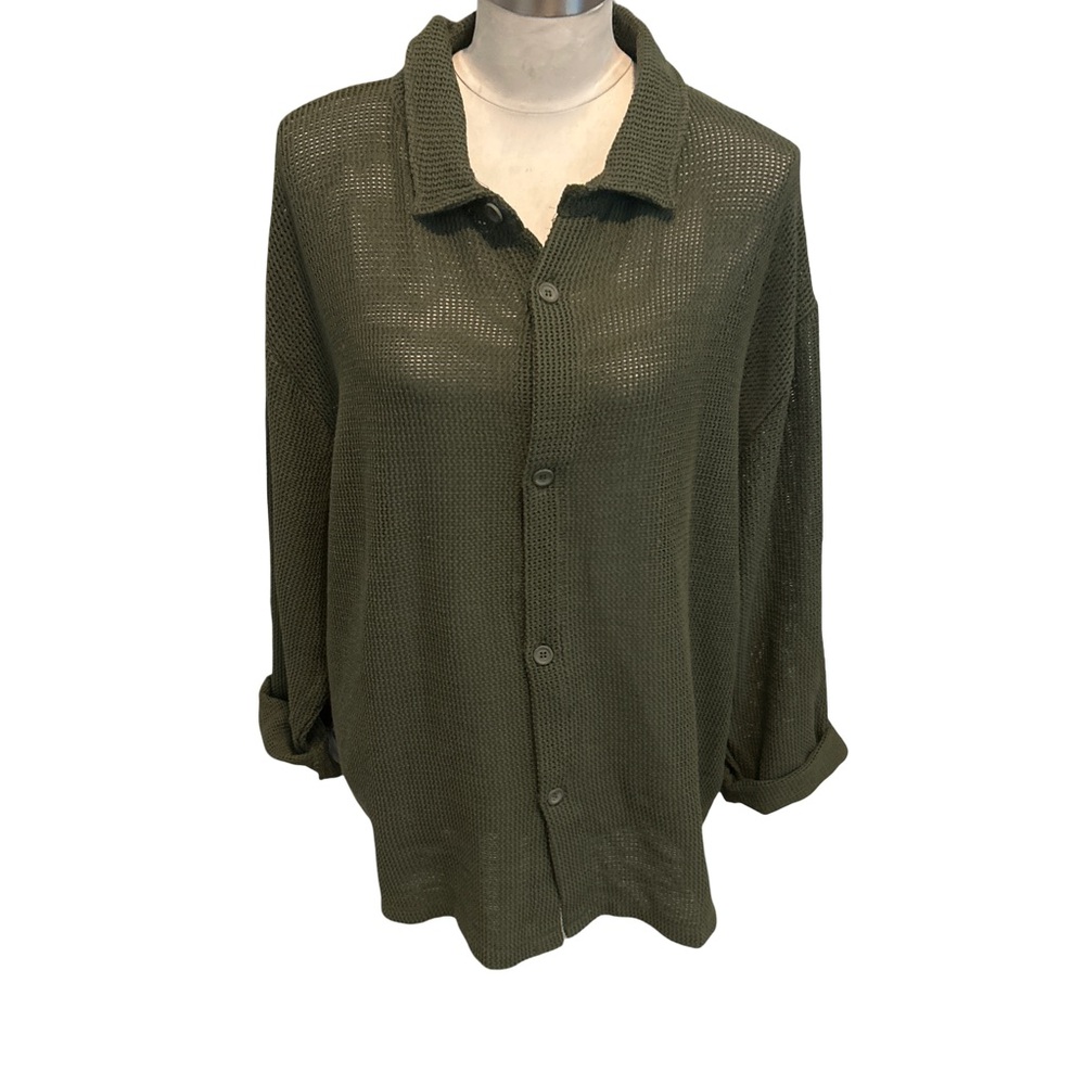 Zara Women's Sheer Mesh Knit Olive Button-Down Shirt Size X-Large